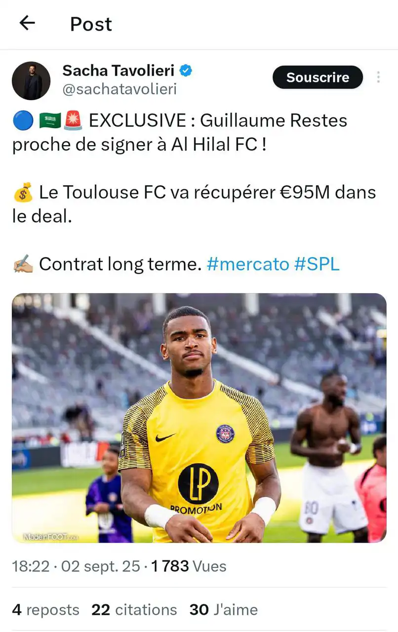 تغريدة ساشا تافاليوري بخصوص حارس تولوز