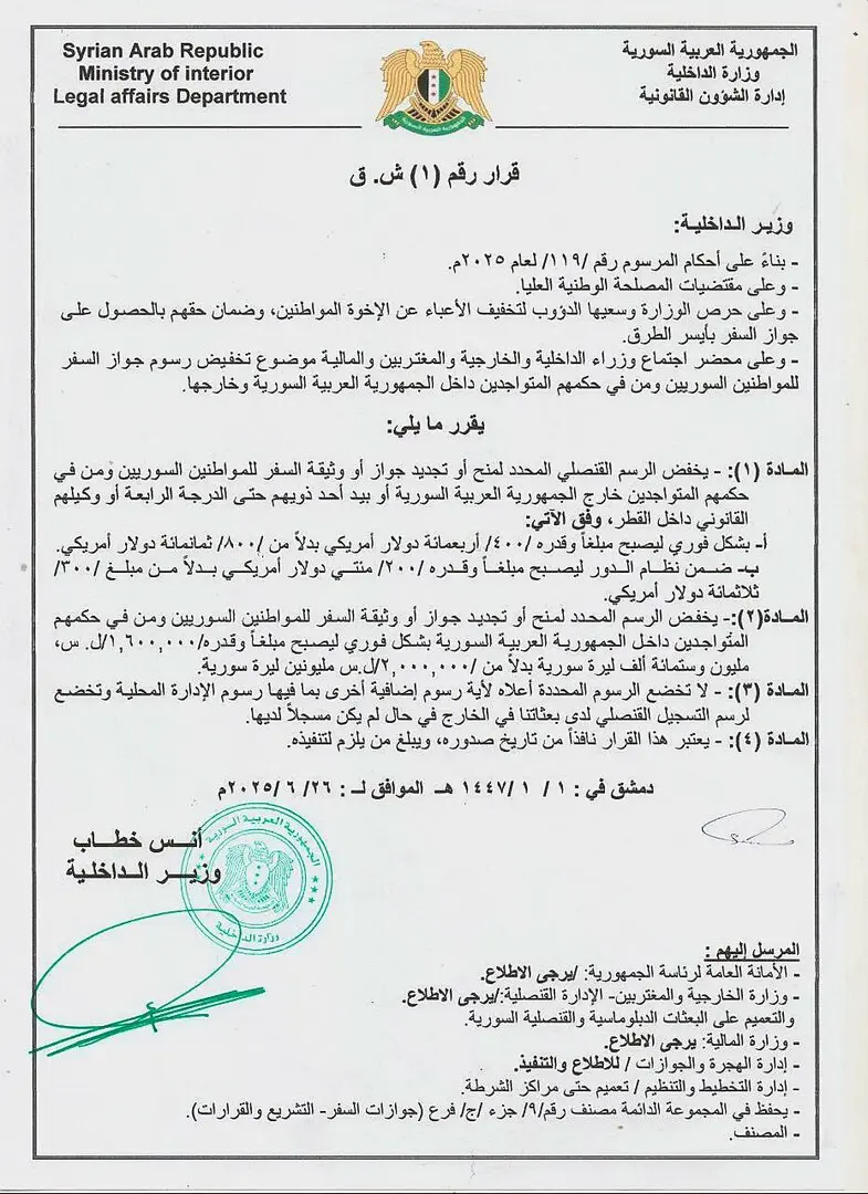  قرار يقضي بتخفيض الرسوم المستوفاة لقاء منح جوازات السفر السورية