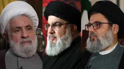 من اليمين: صفي الدين ونصرالله ونعيم قاسم
