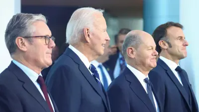 الرئيس الأمريكي جو بايدن والمستشار الألماني أولاف شولتز ورئيس الوزراء البريطاني كير ستارمر والرئيس الفرنسي إيمانويل ماكرون