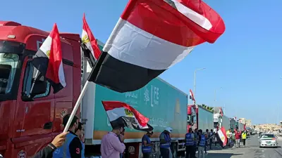 أشخاص يلوحون بالأعلام المصرية بجوار قافلة مساعدات